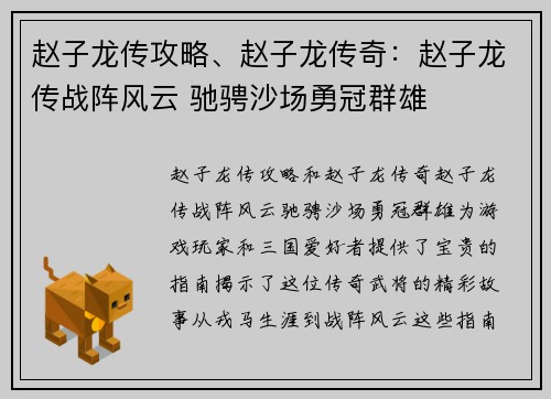 赵子龙传攻略、赵子龙传奇：赵子龙传战阵风云 驰骋沙场勇冠群雄